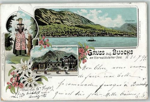 6374 Buochs 1899 Lithographie Tracht Hotel Kreuzgarten Gasthaus Edelweiss Stanserhorn Buochserhorn Vierwaldstättersee