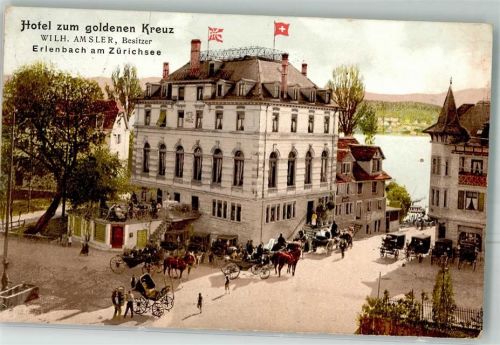 8703 Erlenbach ZH 1906 Lithographie Hotel zum goldenen Kreuz