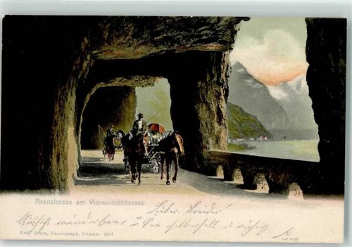 6454 Flüelen 1905 Lithographie Axenstrasse Vierwaldstättersee Kutschen Zweispänner