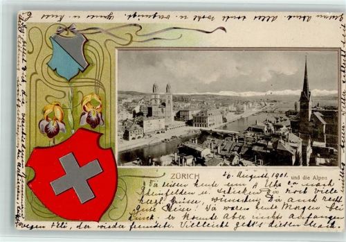 8000 Zürich 1901 Lithographie / Prägedruck PassepartoutZürich und die Alpen Jugendstilrahmen