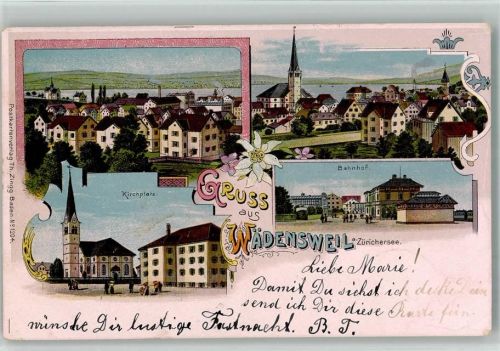 8820 Wädenswil 1903 BOAKC Kirchplatz Bahnhof Lithographie