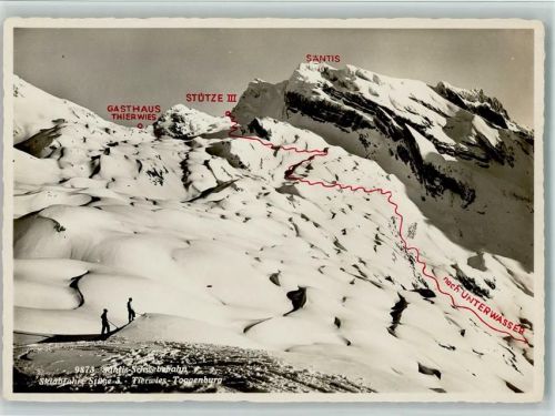 Säntis - Schwebebahn Skiabfahrt Stütze 3 Tierwies Toggenburg Winteraufnahme Skifahrer