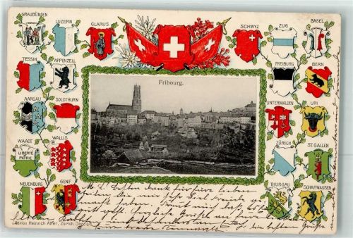 1700 Fribourg Freiburg 1905 Prägedruck Wappen Fahne Passepartout Lithographie