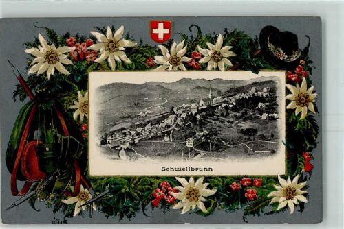 9103 Schwellbrunn Prägedruck Passepartout Edelweiss Rucksack Lithographie