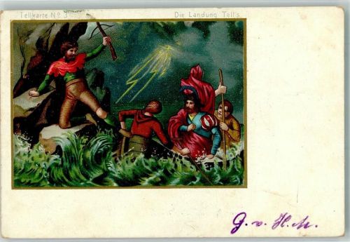 Tellkarte Nr. 3 Die Landung Tell`s Motiv Schweiz 1905 Lithographie