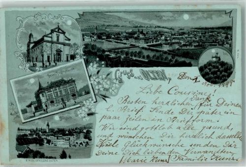 4600 Olten 1899 Lithographie / Mondschein Kirche Neues Postgebäude Altstadt Säli