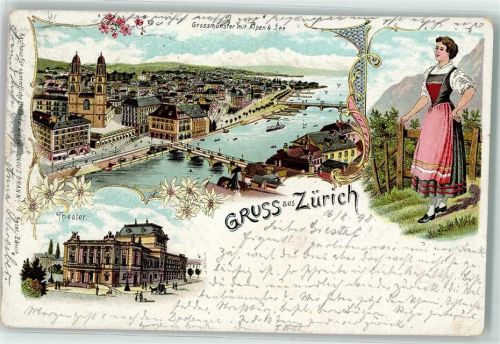 8000 Zürich 1898 - Theater Dampfschiff Grossmünster Trachtenmädchen