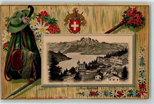 6356 Rigi Kaltbad 1908 Prägedruck Wappen Gams Lithographie