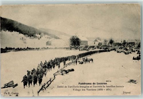 2126 Les Verrières 1914 Gebrauchsspuren Panoram de Lucerne Defile de l artillerie francais et l arrive du bataillon bernois