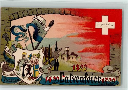 Lithographie / Künstlerkarte Calvenfeier 1899 Wappen sign. L. Laluz