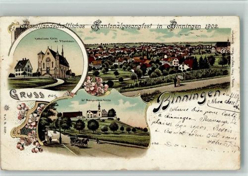 4102 Binningen 1904 BOAKC Lithographie Kath. Kirche Pfarrhaus St. Margarethen Kirche Gebrauchsspuren, bitte Scan genau beachten!