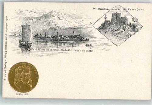 Ufenau Insel Prägedruck Ulrich von Hutten Segelboot Steckelburg Münzaufdruck auf AK