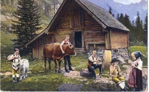 1913 - Bergbauern vor einer Appenzeller Sennhütte, Kuh, Ziege,Edition Photoglob Co. AKU1