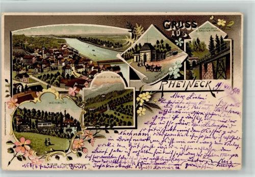 9424 Rheineck 1900 BOAKC Weinburg Burgruine Bahnhof Drahtseilbahn Lithographie