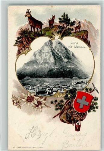 8750 Glarus 1903 Lithographie / Prägedruck Passepartout Jagd Gämsen Rucksack