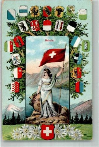 1912 Künstlerkarte Schutzpatronin Helvetia mit den Wappen der Kantone Edelweiß
