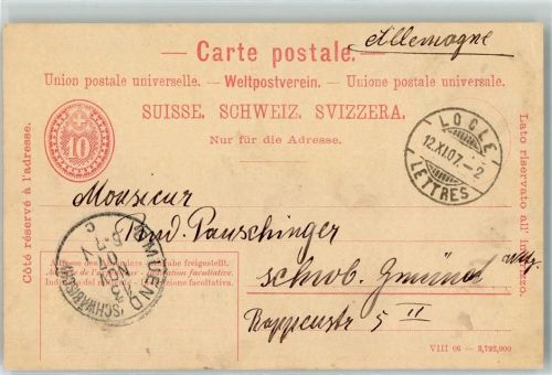 2400 Le Locle 1907 Ganzsache 10 Rappen