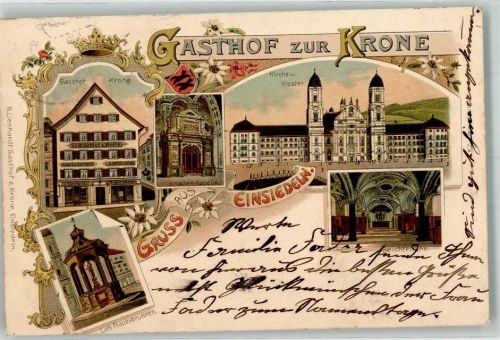 8840 Einsiedeln 1906 Lithographie Gasthaus Krone Kirche Kloster Gnaden Kapelle Beichtkirche Lieb Frauenbrunnen