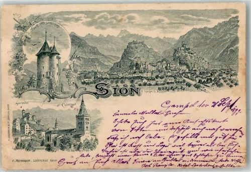 1950 Sion Sitten 1899 Lithographie Tour des Sorciers Mont Valere Cathedrale Vorläufer