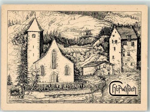 7075 Churwalden Künstlerkarte Kath. Kirche St. Maria und Michael Zeichnung