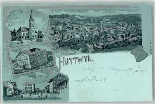 4950 Huttwil 1903 Lithographie Kirche Schulhaus Bahnhofstrasse