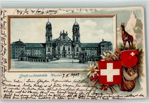 8840 Einsiedeln 1901 Passepartout Prägedruck Kloster Gämse Jagd Wappen Lithographie
