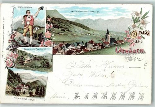 9107 Urnäsch 1902 Lithographie Sennenknabe Kuranstalt Fratérnité Kuranstalt Rossfall