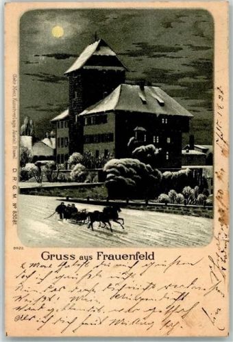 8500 Frauenfeld 1899 Gebrauchsspuren Pferdeschlitten Winterlithographie Mondschein