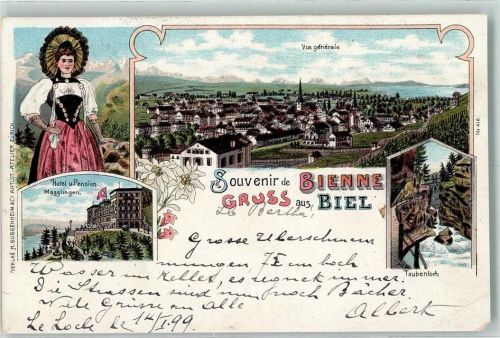 2500 Biel/Bienne 1899 Gebrauchsspuren Tracht Hotel Pension Magglingen Taubenloch Lithographie