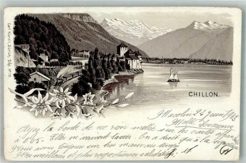 Chillon Chateau 1898 Lithographie Schloss Eisenbahn Edelweiß
