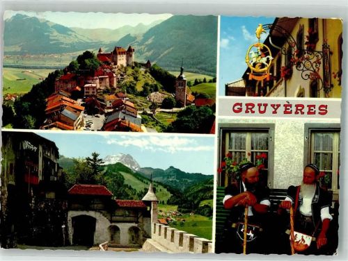 1663 Gruyères 1971 Foto AK Tracht Schloss Greyerz Zunftzeichen Gasthaus