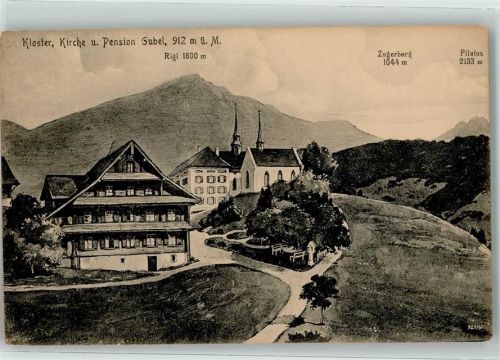 6313 Menzingen Künstlerkarte Gasthaus u. Pension Gubel Kloster u. Kirche Rigi Zugerberg Pilatus sign.