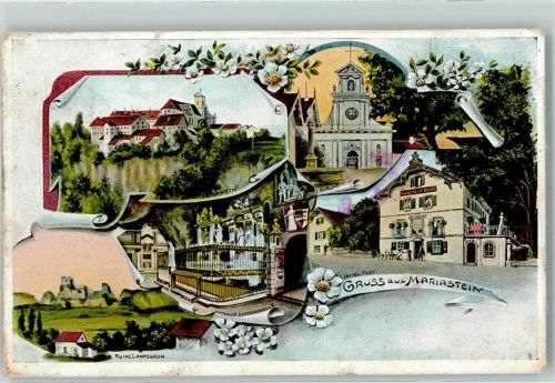4115 Mariastein 1909 Lithographie Kirche Hotel Post Unteridrische Gnadenkapelle Ruine Landskron