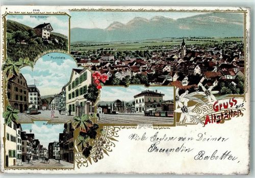 9450 Altstätten SG 1899 Karte beschädigt Gruss aus Lithographie Bahnhof Eisenbahn Postplatz + Straßenbahn Verlag Dinkelacker