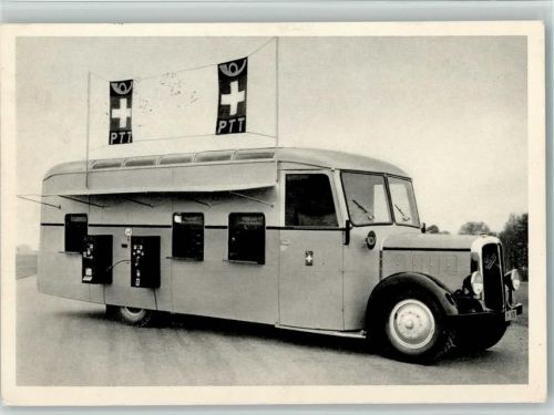 Fahrbares Automobil Postbureau und Stempel AK Postkutsche Schweiz 1937