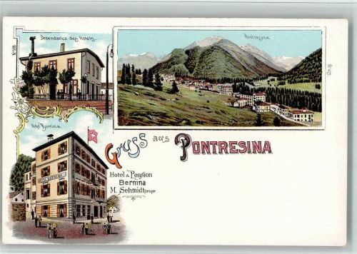 7504 Pontresina BOAKC Lithographie Hotel Pension Bernina M. Schmidt Dependance des Hotels