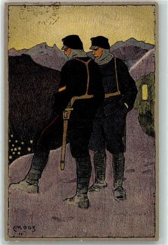1915 Künstlerkarte Winter Schweizer Grenzbesetzung Soldat Uniform sign. Moos Ort lt. Stempel