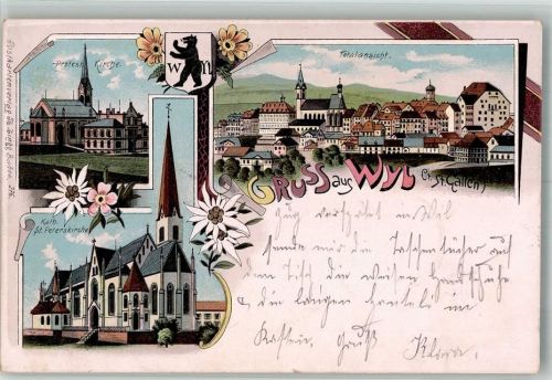 9500 Wil SG 1899 Lithographie Bahnpost Zug 129 Nr. 25 Kath. Kirche St. Peter Prot.. Kirche