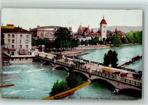 Zürich Bahnhofbrücke Bahnhof und Landesmuseum Trambahn Pferdekutschen Pferdewagen Bahnhof Schweiz 1906