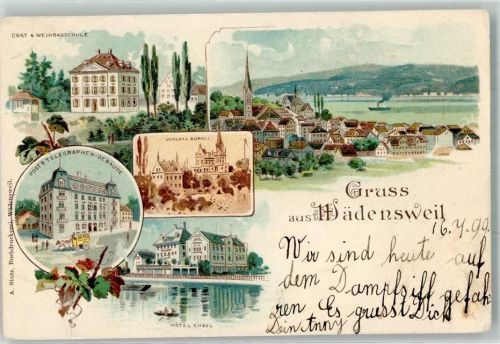8820 Wädenswil Gebrauchsspuren Obst- und Weinbauschule Schloss Postkutsche Postamt Hotel Engel Lithographie