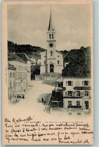 2416 Les Brenets 1901 - La Rue de la Gare Le Temple Bahnhof Kirche Fahrrad Cafe Gasthaus