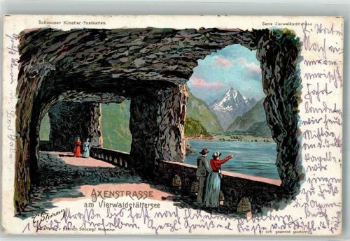 6454 Flüelen 1901 Lithographie sign. Steinmann, C. Axenstrasse am Vierwaldstätter See