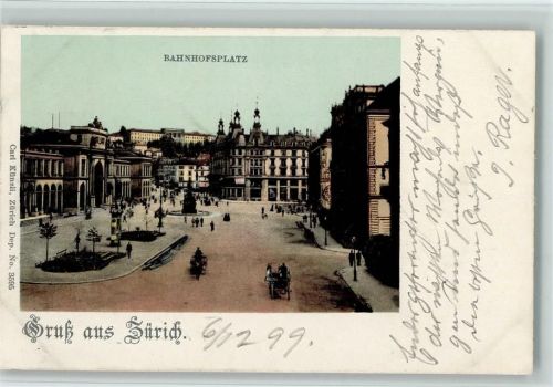 Zürich Bahnhofplatz Gruss aus Zürich Pferdekutschen Bahnhof Schweiz 1899