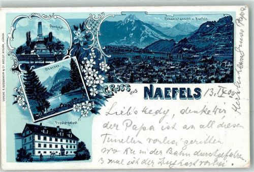 8752 Näfels 1900 Lithographie Denkmal Obersee Freulerpalast