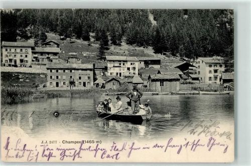 Champex 1904 Gebrauchsspuren Familie in Ruderboot