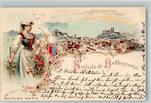 6500 Bellinzona 1900 Lithographie Tracht Frau Burg Eisenbahn