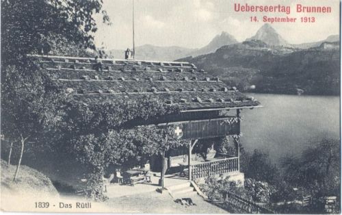 1913 - Brunnen, -Das Rütli-, Gründungsort (1291) der Schweiz auf einer Waldlichtung über dem Urnersee, AK zum Überseetag Brunnen 1913,Wehrli A.G. AKU1