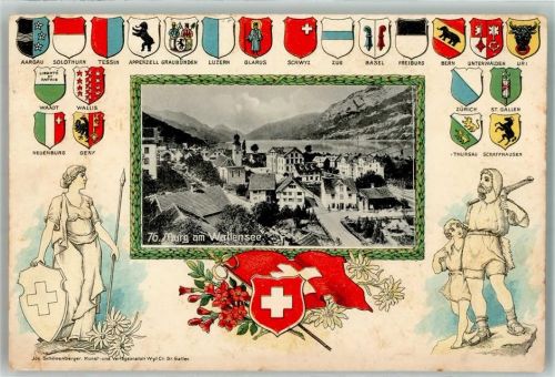 8877 Murg 1911 Prägedruck Wappen Tell Helvetia Passepartout Lithographie