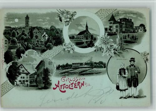 8910 Affoltern am Albis 1899 BOAKC Lithographie/Mondschein Kath. Kirche Kuthaus Lilienberg Krone Gerichtsgebäude Pension Weinberg Aemtlertracht Trachtenpaar