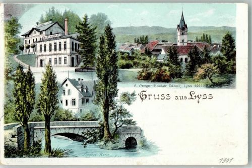 3250 Lyss 1901 Lithographie Gasthaus Kirche Feldpost Compagnie de Chemin de Fer Nr. 1